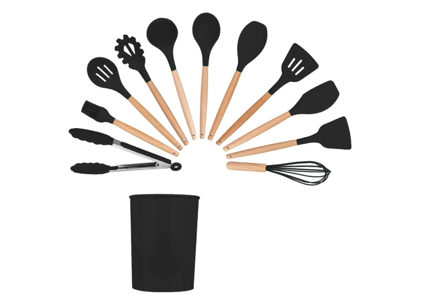 Set 12 ustensile bucatarie, Lemn/Silicon, Suport inox, Antiaderente, Termorezistente, Negru