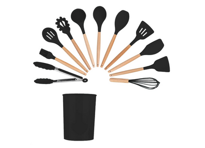 Set 12 ustensile bucatarie, Lemn/Silicon, Suport inox, Antiaderente, Termorezistente, Negru
