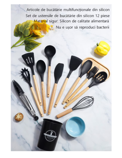 Set 12 ustensile bucatarie, Lemn/Silicon, Suport inox, Antiaderente, Termorezistente, Negru