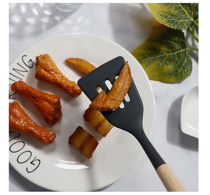 Set 12 ustensile bucatarie, Lemn/Silicon, Suport inox, Antiaderente, Termorezistente, Negru