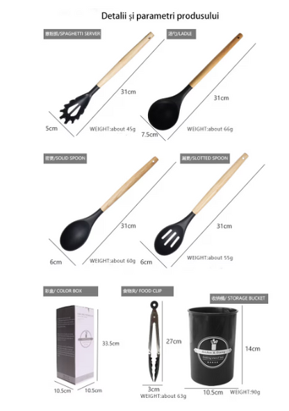 Set 12 ustensile bucatarie, Lemn/Silicon, Suport inox, Antiaderente, Termorezistente, Negru