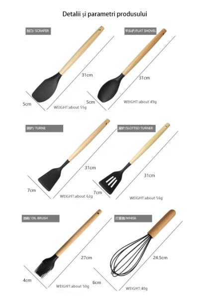 Set 12 ustensile bucatarie, Lemn/Silicon, Suport inox, Antiaderente, Termorezistente, Negru