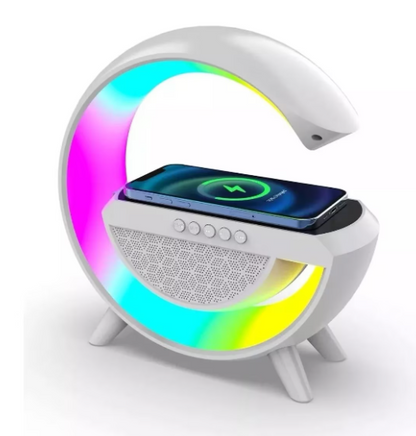 Lampa de atmosfera cu incarcator fara fir, lampa de masa cu LED-uri inteligente, difuzor Bluetooth, lampa de noapte Dimmable Bedside Lamp Alarm Clock cu muzica Sync, boxa portabila, alb,