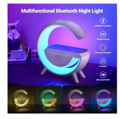 Lampa de atmosfera cu incarcator fara fir, lampa de masa cu LED-uri inteligente, difuzor Bluetooth, lampa de noapte Dimmable Bedside Lamp Alarm Clock cu muzica Sync, boxa portabila, alb,