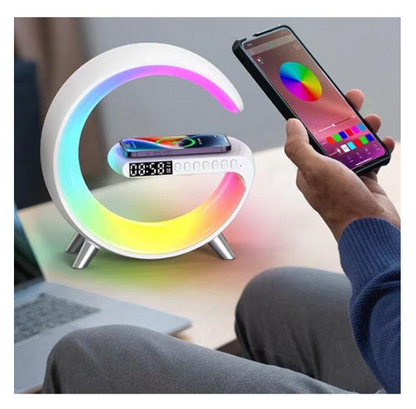 Lampa de atmosfera cu incarcator fara fir, lampa de masa cu LED-uri inteligente, difuzor Bluetooth, lampa de noapte Dimmable Bedside Lamp Alarm Clock cu muzica Sync, boxa portabila, alb,