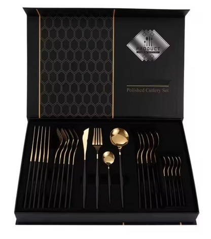 Set tacamuri in stil portughez 24 piese, otel inoxidabil, auriu/negru