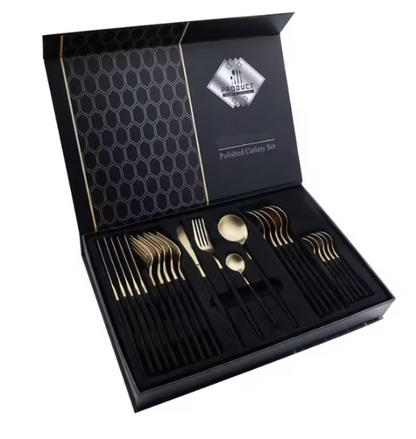 Set tacamuri in stil portughez 24 piese, otel inoxidabil, auriu/negru