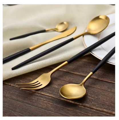 Set tacamuri in stil portughez 24 piese, otel inoxidabil, auriu/negru