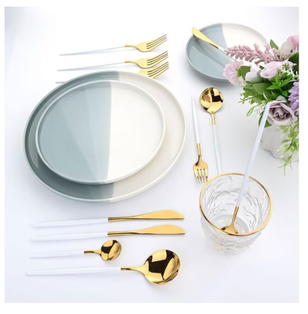 Set tacamuri in stil portughez 24 piese, otel inoxidabil, auriu/alb,