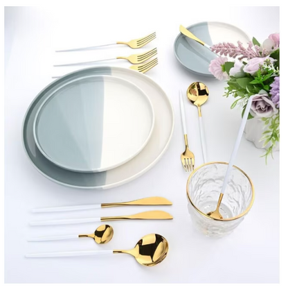 Set tacamuri in stil portughez 24 piese, otel inoxidabil, auriu/alb,