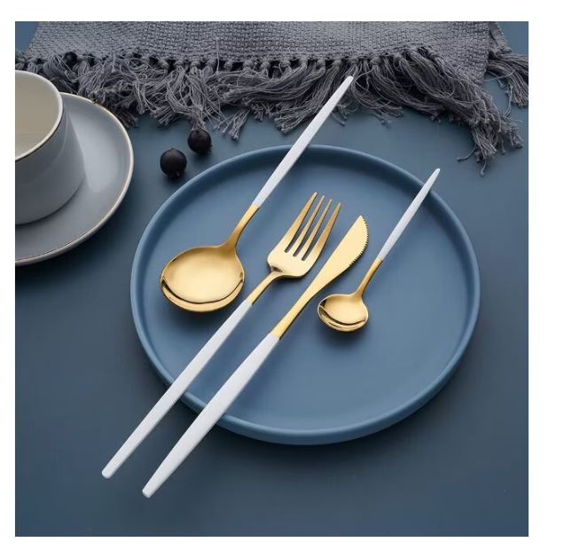 Set tacamuri in stil portughez 24 piese, otel inoxidabil, auriu/alb,