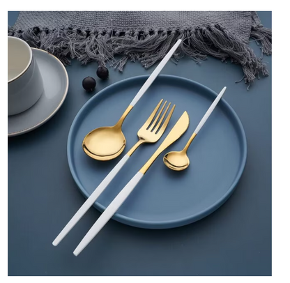 Set tacamuri in stil portughez 24 piese, otel inoxidabil, auriu/alb,