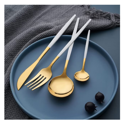 Set tacamuri in stil portughez 24 piese, otel inoxidabil, auriu/alb,