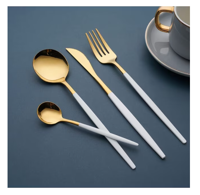 Set tacamuri in stil portughez 24 piese, otel inoxidabil, auriu/alb,