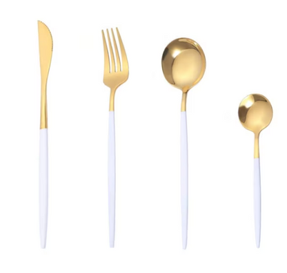 Set tacamuri in stil portughez 24 piese, otel inoxidabil, auriu/alb,