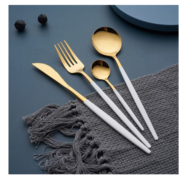 Set tacamuri in stil portughez 24 piese, otel inoxidabil, auriu/alb,