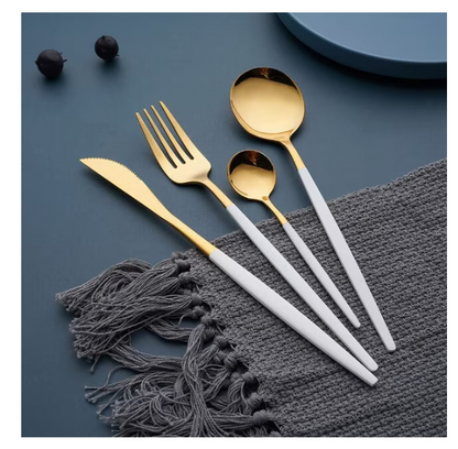 Set tacamuri in stil portughez 24 piese, otel inoxidabil, auriu/alb,