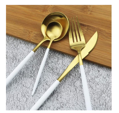 Set tacamuri in stil portughez 24 piese, otel inoxidabil, auriu/alb,