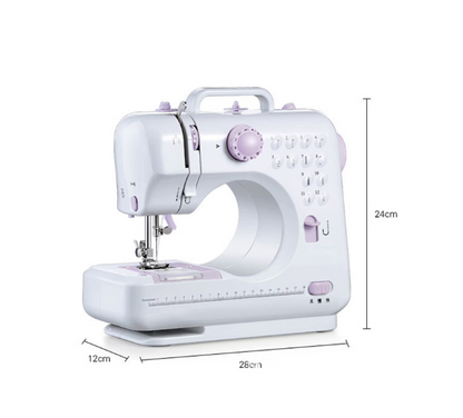 Mini masina de cusut portabila, Accesorii incluse, Iluminare LED, Pedala de picior, Doua moduri de functionare a sursei de alimentare, Cu cusatura inversa si 12 butoane de cusatura incorporate, Alb