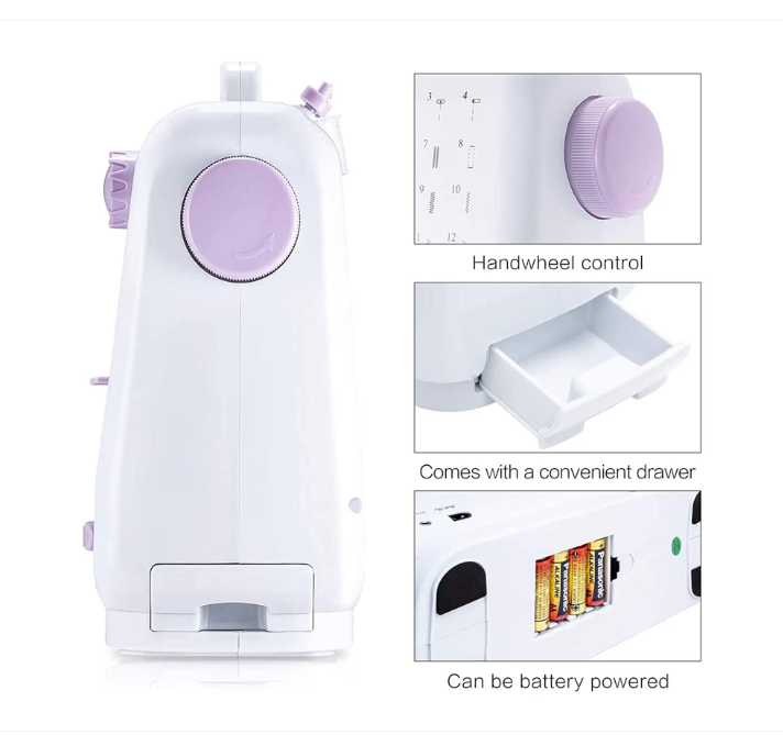 Mini masina de cusut portabila, Accesorii incluse, Iluminare LED, Pedala de picior, Doua moduri de functionare a sursei de alimentare, Cu cusatura inversa si 12 butoane de cusatura incorporate, Alb