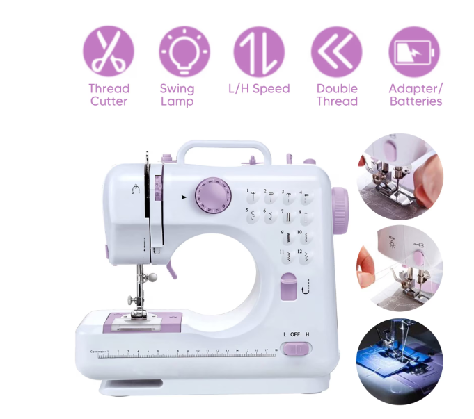 Mini masina de cusut portabila, Accesorii incluse, Iluminare LED, Pedala de picior, Doua moduri de functionare a sursei de alimentare, Cu cusatura inversa si 12 butoane de cusatura incorporate, Alb