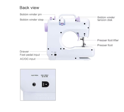 Mini masina de cusut portabila, Accesorii incluse, Iluminare LED, Pedala de picior, Doua moduri de functionare a sursei de alimentare, Cu cusatura inversa si 12 butoane de cusatura incorporate, Alb