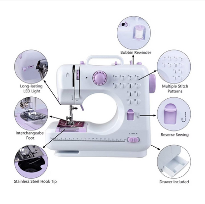 Mini masina de cusut portabila, Accesorii incluse, Iluminare LED, Pedala de picior, Doua moduri de functionare a sursei de alimentare, Cu cusatura inversa si 12 butoane de cusatura incorporate, Alb