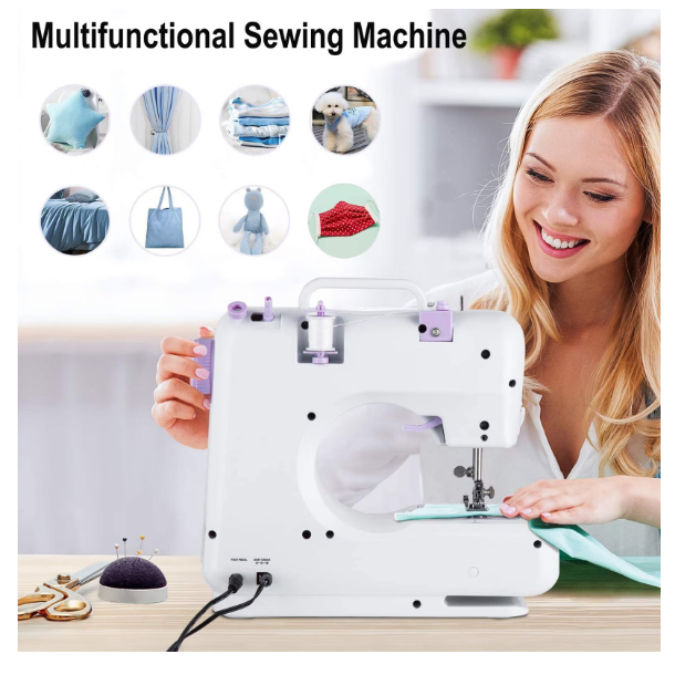 Mini masina de cusut portabila, Accesorii incluse, Iluminare LED, Pedala de picior, Doua moduri de functionare a sursei de alimentare, Cu cusatura inversa si 12 butoane de cusatura incorporate, Alb