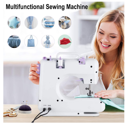 Mini masina de cusut portabila, Accesorii incluse, Iluminare LED, Pedala de picior, Doua moduri de functionare a sursei de alimentare, Cu cusatura inversa si 12 butoane de cusatura incorporate, Alb