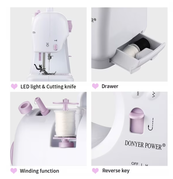 Mini masina de cusut portabila, Accesorii incluse, Iluminare LED, Pedala de picior, Doua moduri de functionare a sursei de alimentare, Cu cusatura inversa si 12 butoane de cusatura incorporate, Alb