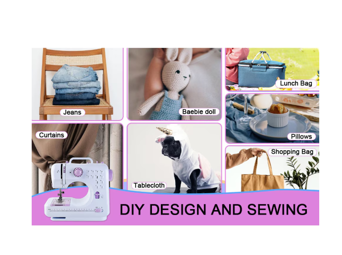 Mini masina de cusut portabila, Accesorii incluse, Iluminare LED, Pedala de picior, Doua moduri de functionare a sursei de alimentare, Cu cusatura inversa si 12 butoane de cusatura incorporate, Alb