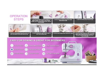 Mini masina de cusut portabila, Accesorii incluse, Iluminare LED, Pedala de picior, Doua moduri de functionare a sursei de alimentare, Cu cusatura inversa si 12 butoane de cusatura incorporate, Alb