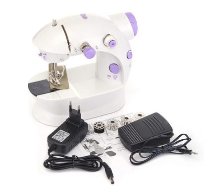 Mini masina de cusut portabila cu pedala, alimentare cu baterii sau la retea, Alba