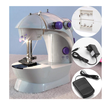 Mini masina de cusut portabila cu pedala, alimentare cu baterii sau la retea, Alba