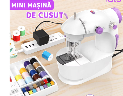 Mini masina de cusut portabila cu pedala, alimentare cu baterii sau la retea, Alba