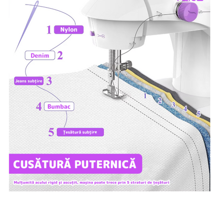Mini masina de cusut portabila cu pedala, alimentare cu baterii sau la retea, Alba