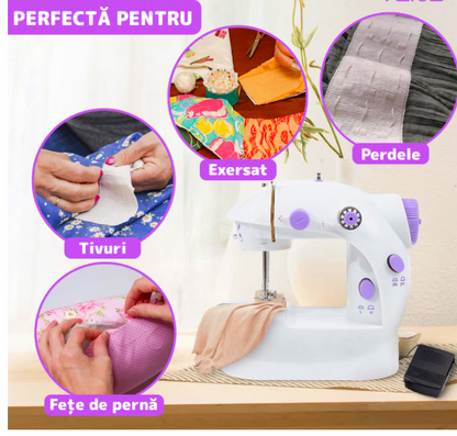 Mini masina de cusut portabila cu pedala, alimentare cu baterii sau la retea, Alba