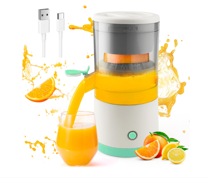 Storcator electric de citrice portabil, 45W, alb-turcoaz, capacitate 500ml, cu cablu USB si perie de curatare