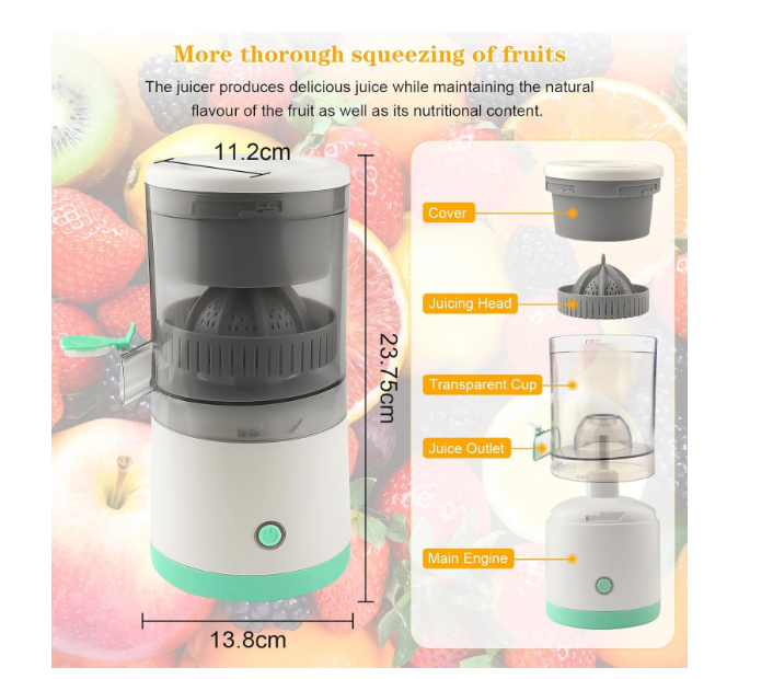 Storcator electric de citrice portabil, 45W, alb-turcoaz, capacitate 500ml, cu cablu USB si perie de curatare