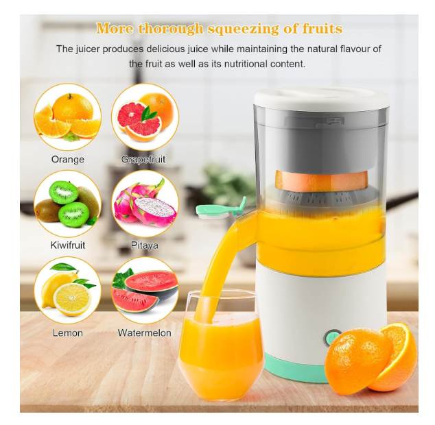 Storcator electric de citrice portabil, 45W, alb-turcoaz, capacitate 500ml, cu cablu USB si perie de curatare