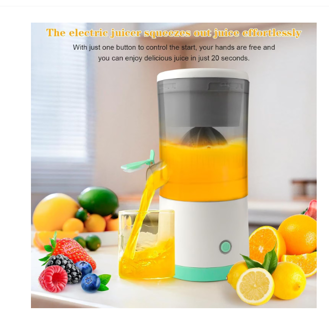 Storcator electric de citrice portabil, 45W, alb-turcoaz, capacitate 500ml, cu cablu USB si perie de curatare