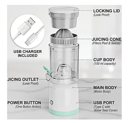 Storcator electric de citrice portabil, 45W, alb-turcoaz, capacitate 500ml, cu cablu USB si perie de curatare