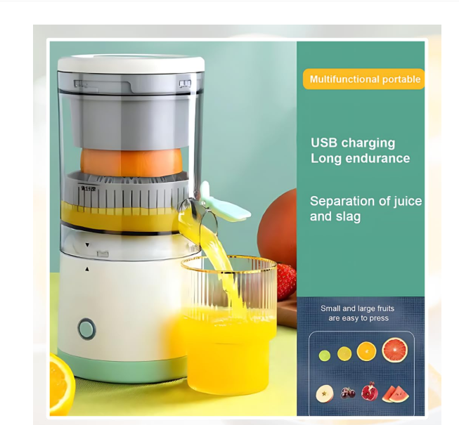 Storcator electric de citrice portabil, 45W, alb-turcoaz, capacitate 500ml, cu cablu USB si perie de curatare