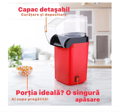 Aparat cu Aer Cald de facut Popcorn , fara Ulei, 3min Preparare 1200W, Recipient dozator Boabe, Rosu