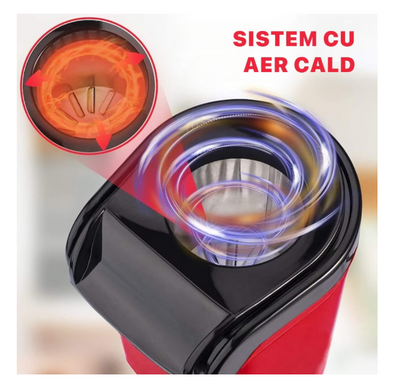 Aparat cu Aer Cald de facut Popcorn , fara Ulei, 3min Preparare 1200W, Recipient dozator Boabe, Rosu
