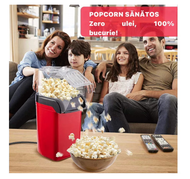 Aparat cu Aer Cald de facut Popcorn , fara Ulei, 3min Preparare 1200W, Recipient dozator Boabe, Rosu