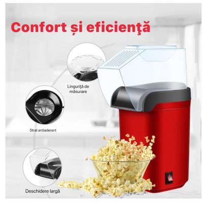 Aparat cu Aer Cald de facut Popcorn , fara Ulei, 3min Preparare 1200W, Recipient dozator Boabe, Rosu