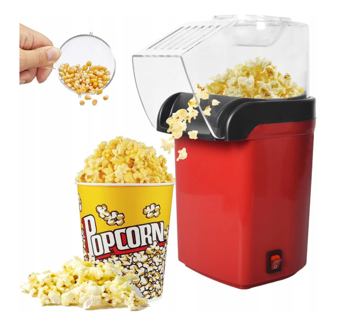 Aparat cu Aer Cald de facut Popcorn , fara Ulei, 3min Preparare 1200W, Recipient dozator Boabe, Rosu
