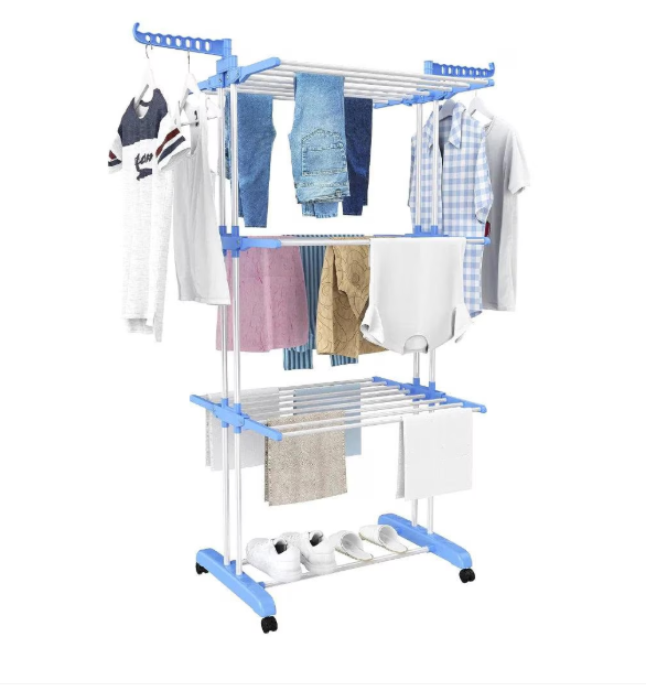 Uscator Vertical pentru Rufe Haine Mobil si Pliabil pentru Spatii Mici, Suport Umerase  Inaltime 170cm Albastru