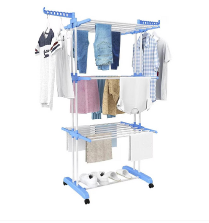 Uscator Vertical pentru Rufe Haine Mobil si Pliabil pentru Spatii Mici, Suport Umerase  Inaltime 170cm Albastru